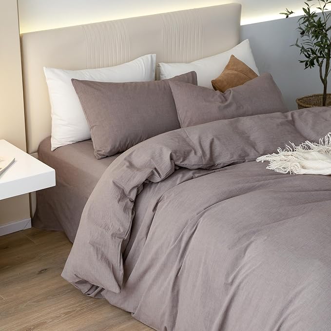 JIYUAN 100% Washed Cotton Duvet Cover Set 3 Pieces Cal King, 1 Duvet Cover 104x98 Inches(Comforter Not Included) and 2 Pillowcases,Linen Feel Bedding Set Comfy and Breathable, Heathered Mauve Brown