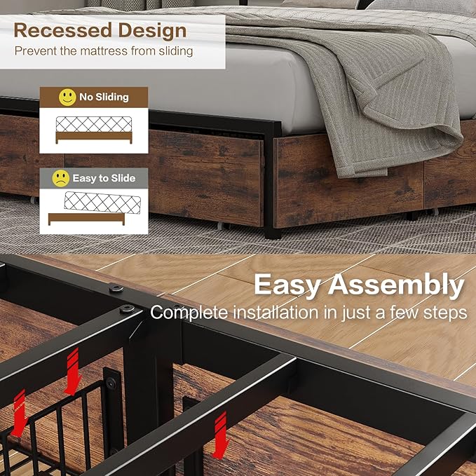 Full Size Bed Frame with LED Headboard & Charging Ports, Rustic Wood Platform Full Bed Frame, 6 Storage Drawers and Display Shelf, Heavy-Duty Metal Frame, No Box Spring Needed, Brown