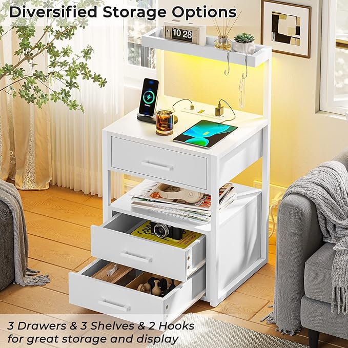 Nightstand with Charging Station and LED Lights, LED Night Stand with 2 USB Ports and 2 AC Outlets, Modern End Table with 3 Drawers, Bedside Table with Open Storage for Bedroom, White