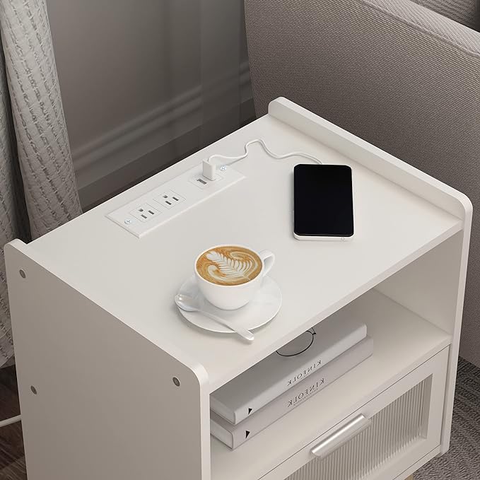 Nightstand with Charging Station, Bedside Tables, End Table Side Table with 2 Tiers Storage Space, for Bedroom, Living Room, White MLBZ07WE-2