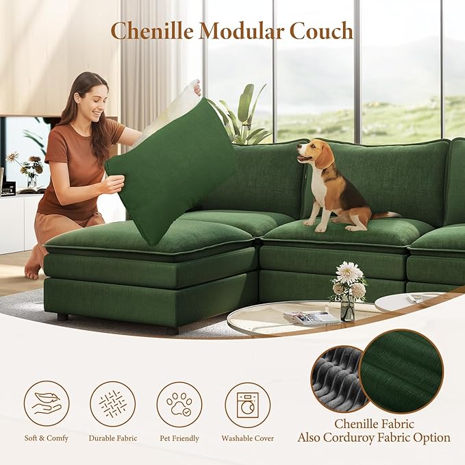 Vesgantti 108" Modular Sectional Sofa, Comfy Cloud Couch with Movable Ottoman Deep Seat Chenille L Shaped Modular Sofa, Sectional Couches for Living Room, Bedroom and Apartment, Green