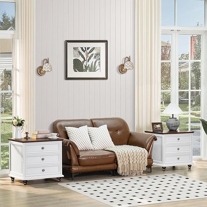 24" Wide Farmhouse Night Stand Set of 2,Large End Table with 3 Drawers & Metal Handle,White Wood Dresser for Bedroom, Bed Side Table Chest of Drawers Cabinet, Nightstand for Living Room,Closet