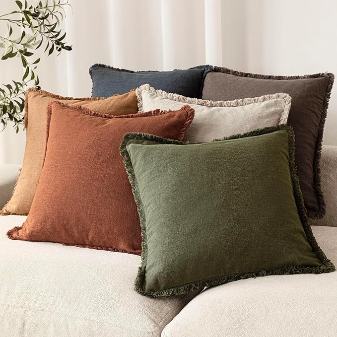 Foindtower Set of 2 Decorative Linen Fringe Lumbar Throw Pillow Covers Farmhouse Cushion Cover with Tassels Soft Accent Pillowcase for Couch Sofa Bed Living Room Home Decor,12×20 Inch,Orange Brown