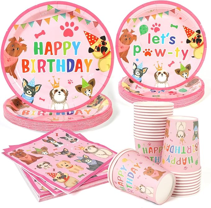 96pcs Kids Birthday Party Disposable Tableware Set Pink Pet Dog Pattern for 24 Guests Party Supplies Round Plates（Include Plates, Cups and Napkins）