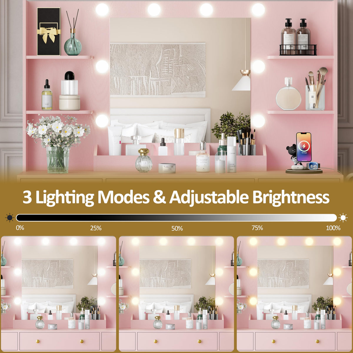 HUANLEGO Large Makeup Vanity Desk with Mirror and Lights, Pink