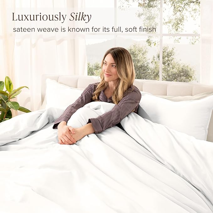 Bare Home 100% Organic Cotton Sateen Duvet Cover Set - Full/Queen Size - 400 Thread Count - Smooth Sateen Weave - Warm & Luxurious - Duvet Cover (Full/Queen, White)