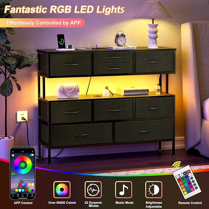 REAHOME Dresser TV Stand with Charging Station and LED Lights, 55” TV Stand Entertainment Center with 9 Drawers, Steel Frame, Large Storage Chest of Drawers for Bedroom, Living Room, Black Gray