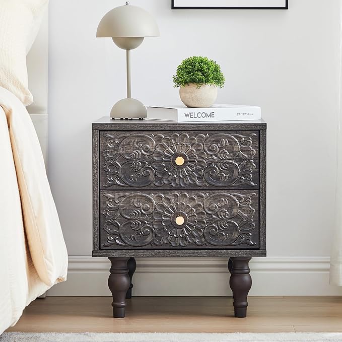 Nightstand, Farmhouse Bedside Table with 2 Drawers and Metal Handles, Wood Sofa Side Table End Table Accent Dresser for Bedroom, Living Room (Grey-2 Packs)