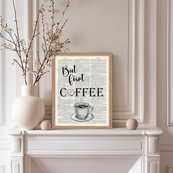 Poster Master Dictionary Art Poster - But First Coffee Print - Cafe Art - Gift for Men, Women, Coffee Lovers & Barista - Funny Decor for Kitchen, Restaurant or Dining Room, 11x14 Beige Framed