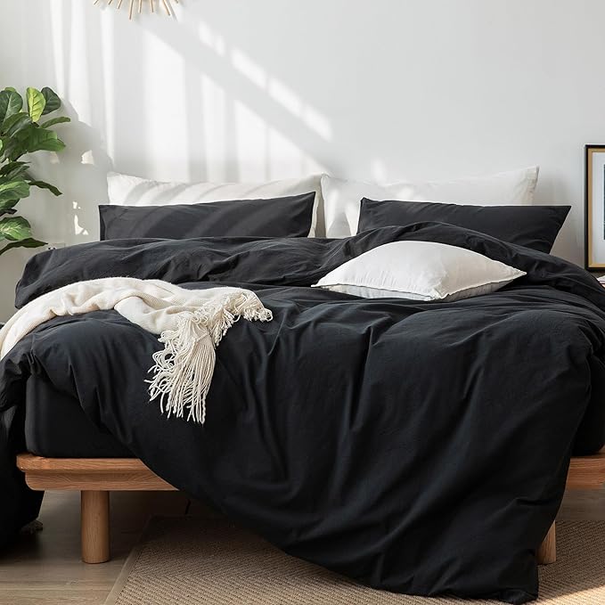 MooMee Bedding Duvet Cover Set 100% Washed Cotton Linen Like Textured Breathable Durable Soft Comfy (Solid Black, Super King Plus 120"x120")