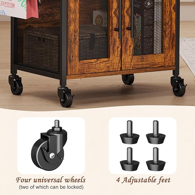 Coffee Cart, 3 Tier Coffee Cabinet with Storage, Small Coffee Station with 2 Doors, Movable Bar Cart with 4 Casters for Home Kitchen, Dining Room, Living Room (Rustic Brown) (Small)