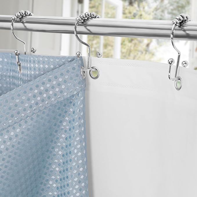 3 in 1 Long Blue Shower Curtain Set-72 W x 78 H, Fog Blue Waffle and PEVA Liner Set with 12 Stainless Steel Hooks, Waterproof Fabric for Bathroom