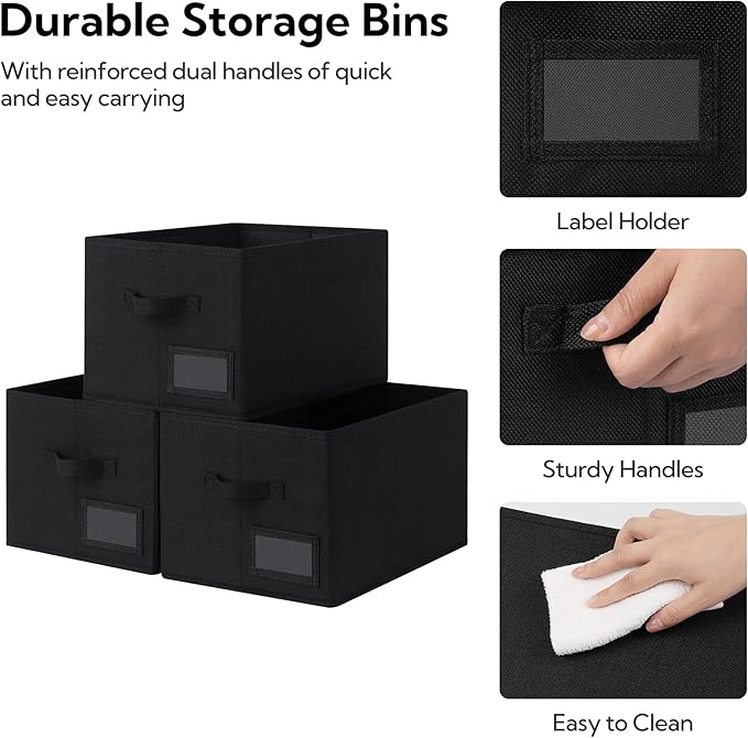 GRANNY SAYS Storage Bins, Storage Baskets for Shelves, Fabric Storage Bin for Clothes, Closet Organization Bin, Collapsible Storage Bins with Handles, Decorative Storage Box, Black, Jumbo, 3-Pack
