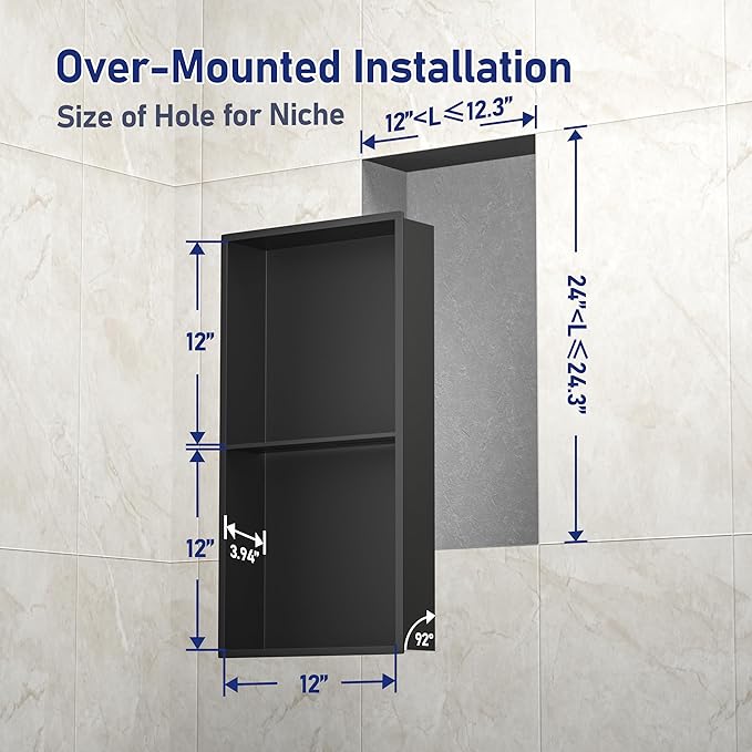 Stainless Steel Shower Niche 24" X 12" Matte Black No Tile Needed Vertical Niche Shower with Two- Tier Shelves Recessed Wall Niches for Bathroom Storage Over Mount Installation