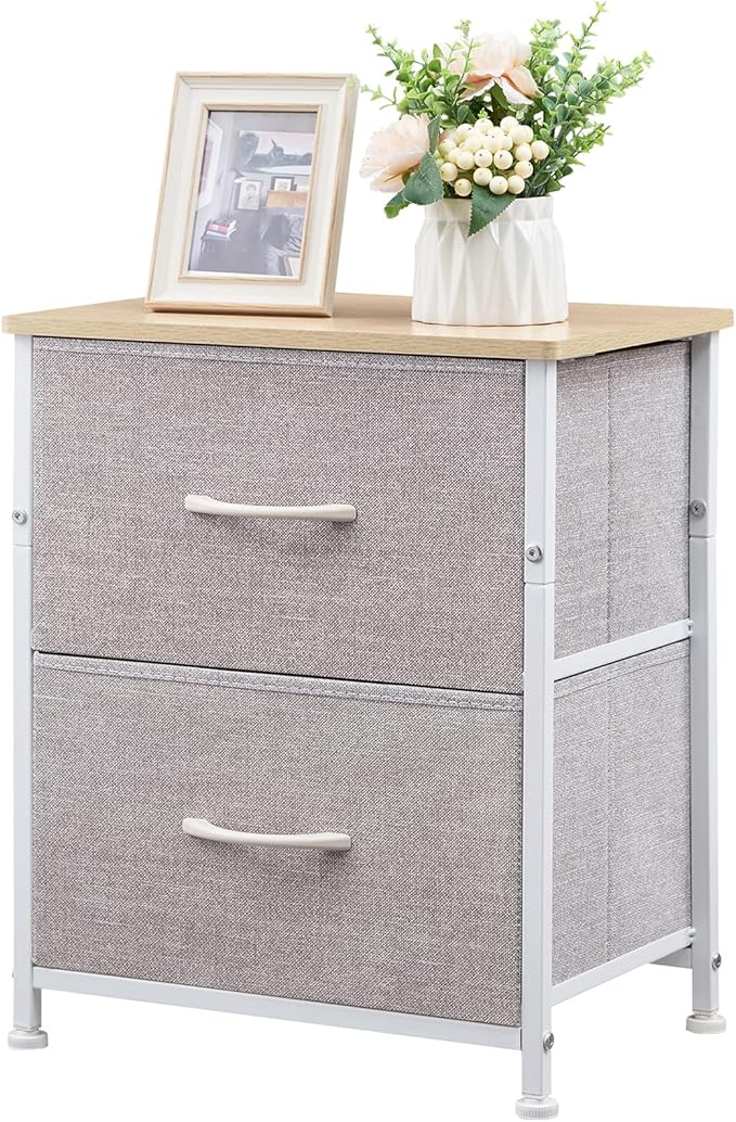 Somdot Nightstand Set of 2, Small Dresser for Bedroom with 2 Drawers, Bedside Table Night Stand End Table with Fabric Bins for Bedroom Kids Closet Dorm Guest Room, Ash Grey