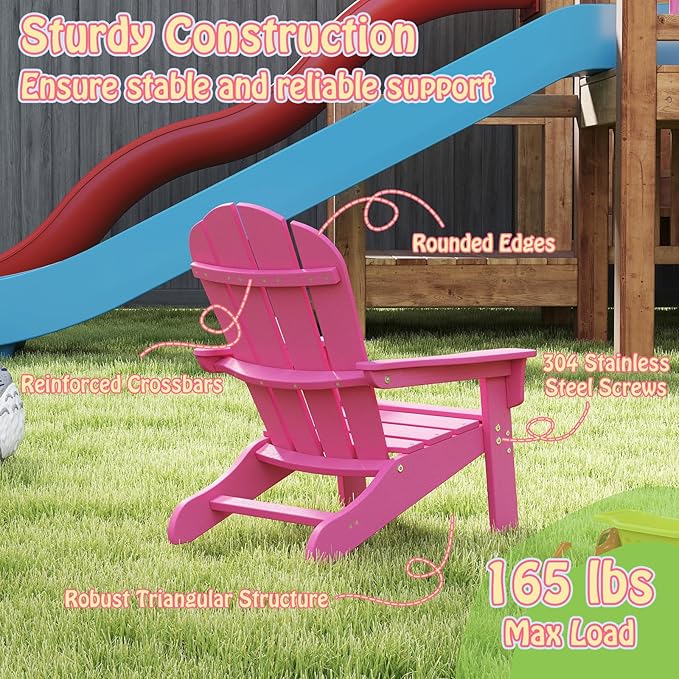 Giantex HDPE Kids Adirondack Chair - All-Weather Lawn Toddler Chair with Ergonomic Design, Children’s Outdoor Chair for Toddlers Ages 3-8, Kid’s Patio Furniture for Deck, Garden (4, Pink)