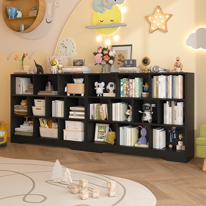 Kids Book Shelf Set of 2, 10 Cubes Storage Organizer Montessori Bookshelf, 3-Tier Wooden Kids Bookcase, Toy Storage Organizer for Children, Black Bookshelf Cube Shelf for Kid’s Room
