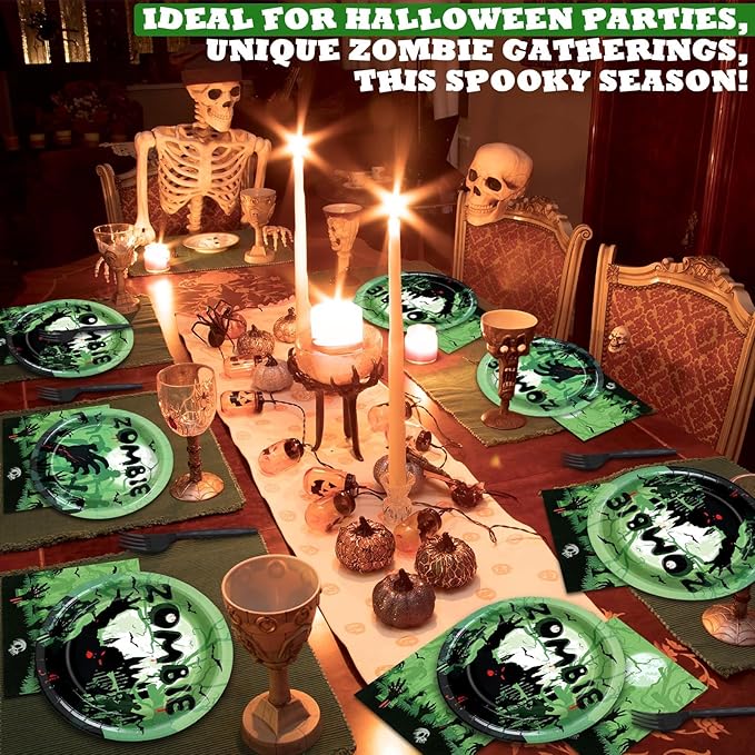 Wiooffen 96 Pcs Zombie Halloween Party Plates Napkins Tableware Set Halloween Birthday Party Supplies Disposable Paper Dinnerware Zombie Theme Table Decoration Favors for Birthday, 24 Guests
