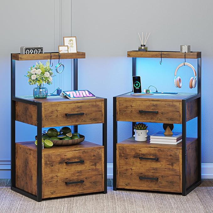 VIAGDO Nightstands Set of 2 with LED Lights, 3 Drawers Night Stands with Charging Station, Rustic Brown Bedside Tables with Storage Shelves, Modern End Side Tables for Bedroom, Office