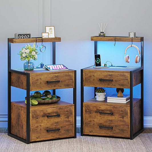 VIAGDO Nightstands Set of 2 with LED Lights, 3 Drawers Night Stands with Charging Station, Rustic Brown Bedside Tables with Storage Shelves, Modern End Side Tables for Bedroom, Office