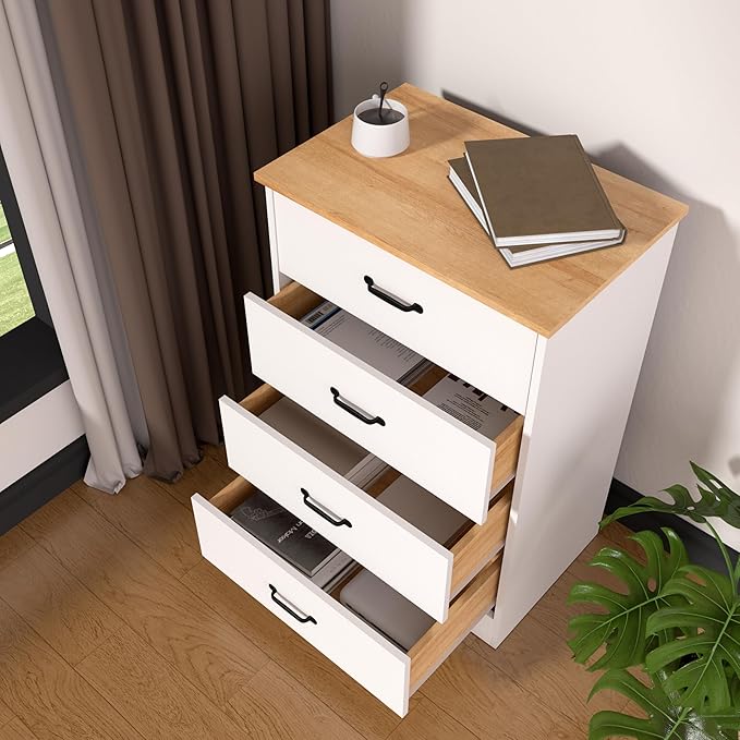 Farmhouse 4 Drawer Dresser, Small Wooden Chest of Drawers Classic White Dresser for Bedroom Living Room Entryway (White, 4 Drawer)