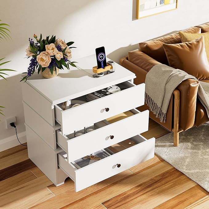 Farmhouse Nightstand with 3 Drawers, 24" End Table & Modern Bedside Table with Charging Station, Wood Nightstands Storage Cabinet for Bedroom Hallway, Entryway, White Set of 2