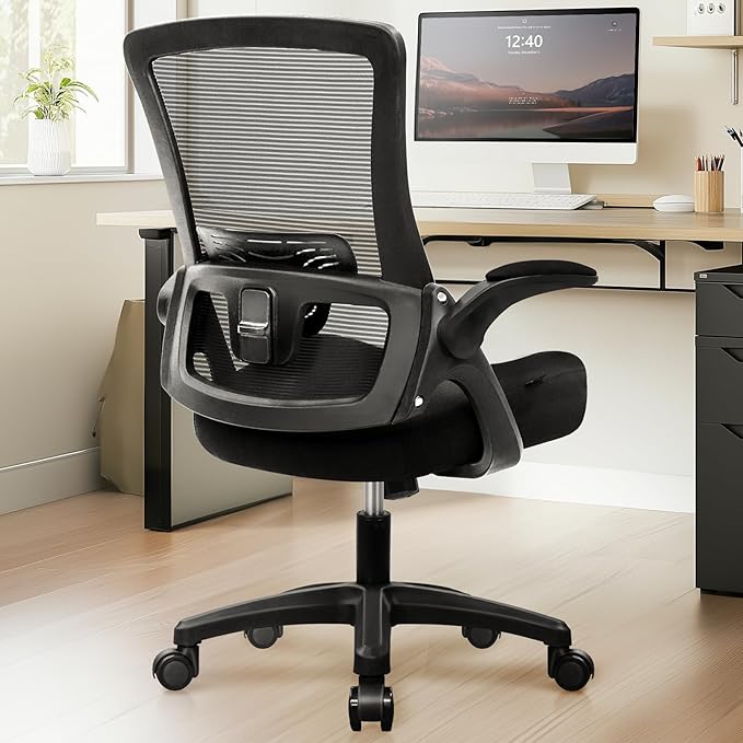 NEO CHAIR Office Desk Chair Computer High Back Mesh Gaming Seat with Ergonomic Adjustable Comfy Flip-up Armrests Lumbar Support Height for Home (Black)