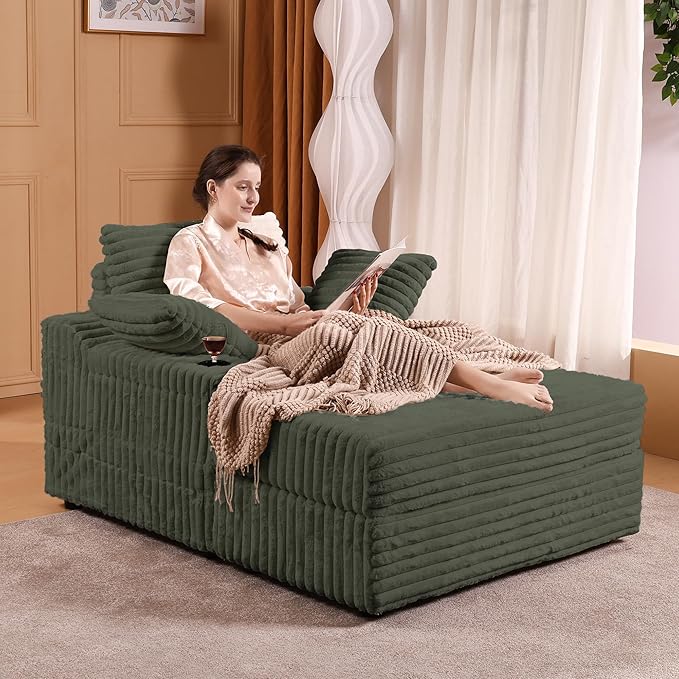 Garvee Oversized Chaise Lounge Chair Indoor with Storage Ottoman, Upholstered Corduroy Sofa Bed Cloud Couch with 3 Pillows, Single Sleeper Sofa Chair for Living Room, Bedroom