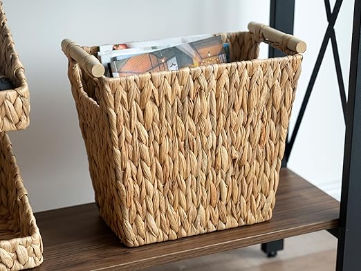 StorageWorks Wicker Waste Basket with Wooden Handles, Bathroom Trash Can, Wicker Trash Can for Bedroom, Office, Living Room, 12 Liters, 1 Pack