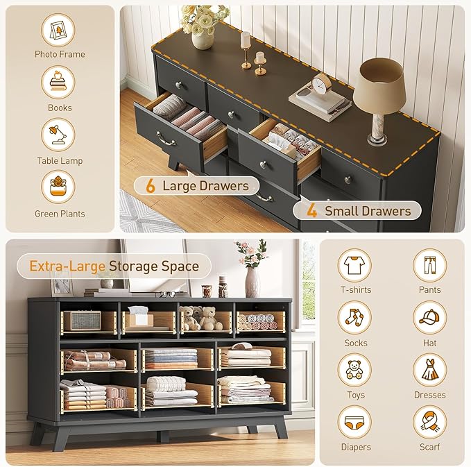 Black Dresser for Bedroom, Wooden 10 Drawer Dresser, 55.1" Wide Chest of Drawers with Vintage Metal Handle, Modern Dressers for Bedroom, Closet, Hallway, Living Room, Dressers TV Stand