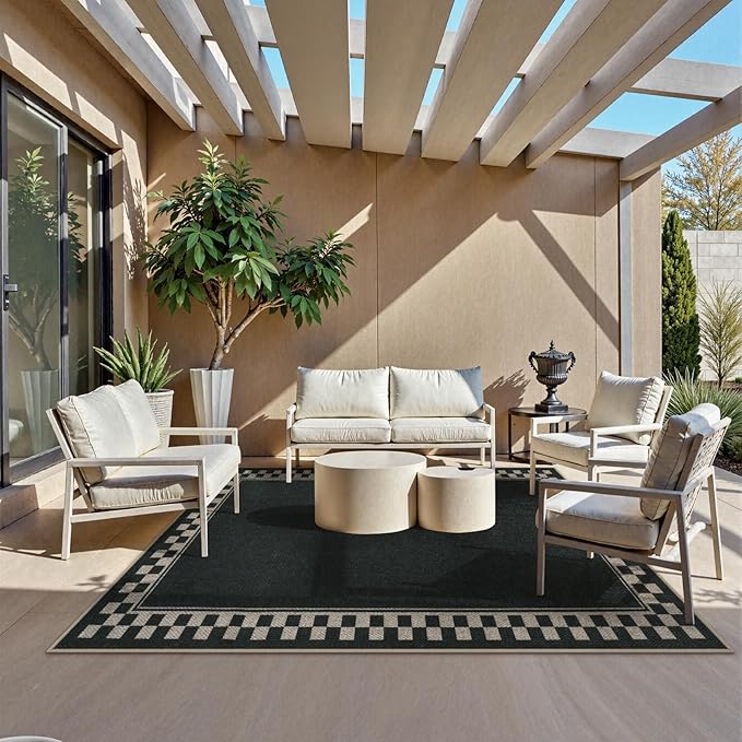 OJIA Easy Jute Area Rug 8x10, Large Outdoor Patio Rugs Washable Rugs for Living Room Checkered Border Farmhouse Indoor Outdoor Carpet Modern Non-Slip Black Rug for Bedroom Backyard Office Decor