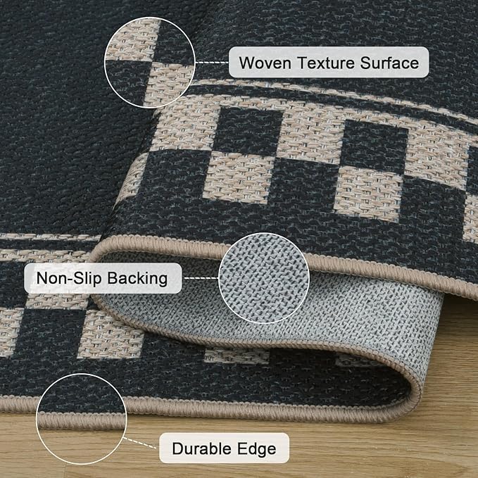 OJIA Easy Jute Area Rug 8x10, Large Outdoor Patio Rugs Washable Rugs for Living Room Checkered Border Farmhouse Indoor Outdoor Carpet Modern Non-Slip Black Rug for Bedroom Backyard Office Decor