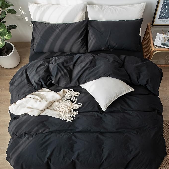 MooMee Bedding Duvet Cover Set 100% Washed Cotton Linen Like Textured Breathable Durable Soft Comfy (Solid Black, Oversized Queen 98"x98")