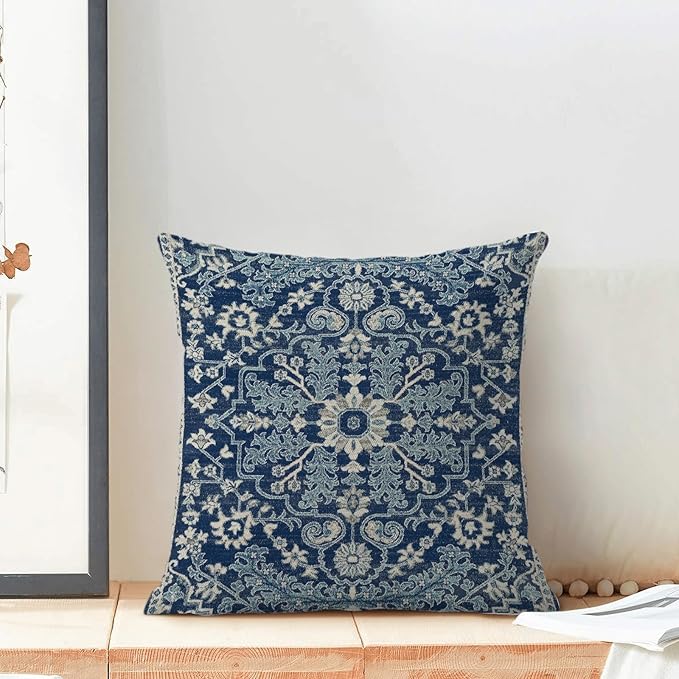 Blue White Boho Pillow Covers 18x18 Set of 2, Carpet Design Decorative Boho Throw Pillows Linen Farmhouse Bohemian Cushion Pillow Covers for Sofa Couch Outdoor Decor