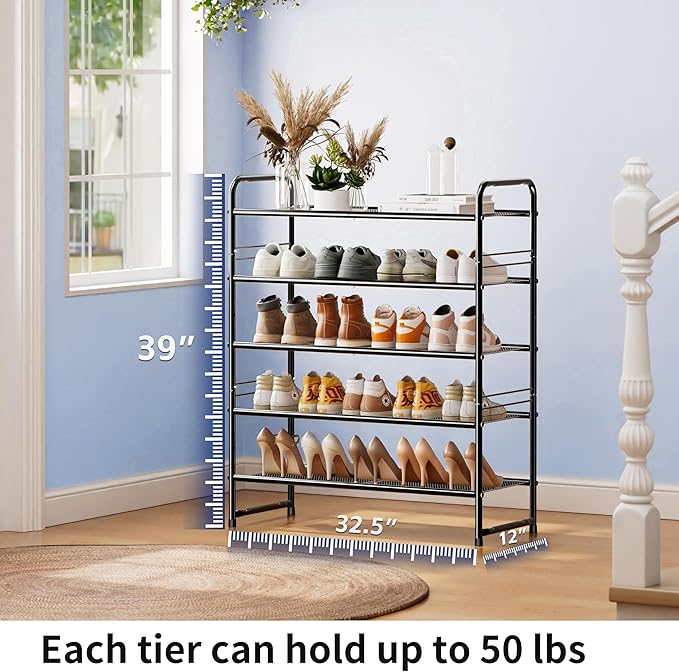 SUFAUY Shoe Rack, 5-Tier 33" Wide Shoe Storage Rack for 24-30 Pairs of Shoes, Mesh Shoe Organizer for Entryway Closet, Steel Frame, Industrial, Black