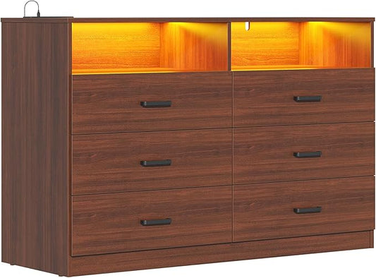 Bigbiglife Dresser for Bedroom, 6 Drawer Dresser with Charging Station and Led Light, Modern Chest of Drawers for Bedroom, Living Room (Walnut Brown)