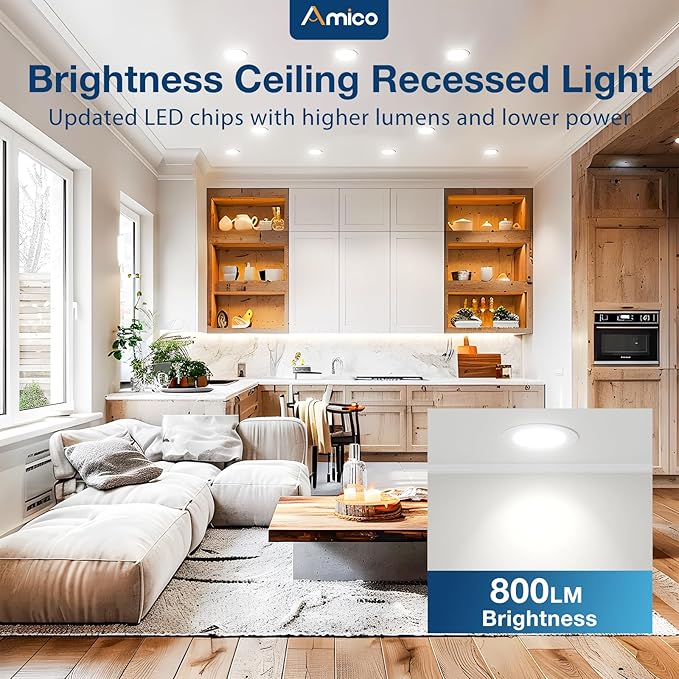 Amico 4 Pack 4 Inch 5CCT Ultra-Thin LED Recessed Dimmable Ceiling Light with Junction Box, 2700K/3000K/3500K/4000K/5000K Selectable, 10W Eqv 60W, 800Lumens, High Brightness Downlight - ETL&FCC