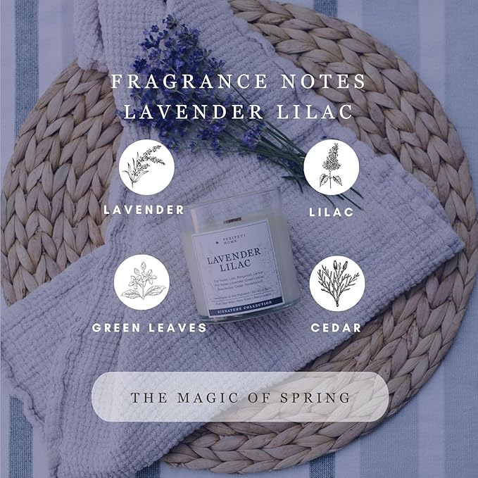 PERIPETI Home Lavender + Lilac Scented Candle - Classic Wick, 8.5oz Natural Soy Wax for Soothing Aromatherapy - Long-Lasting Relaxing Fragrance for Home or Spa