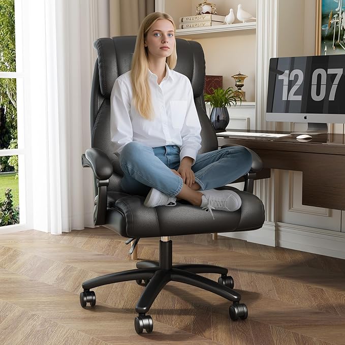 Reclining Office Chair,Recling 90-155°,Ergonomic Office Chair with Lumbar Suppot,Big and Tall Leather Desk Chair,High Back Executive Chair(Black)