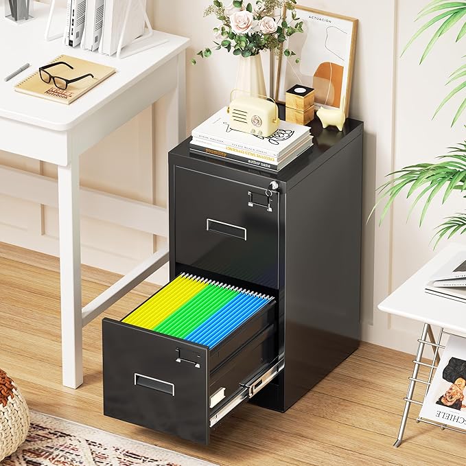 Bonusal Vertical l File Cabinet 2 Drawer, Metal Lateral Filing Cabinet with Lock, Locking Horizontal Drawers File Cabinets for Legal/Letter / A4 / F4 Size for Home Office, Steel, Heavy Duty, Black
