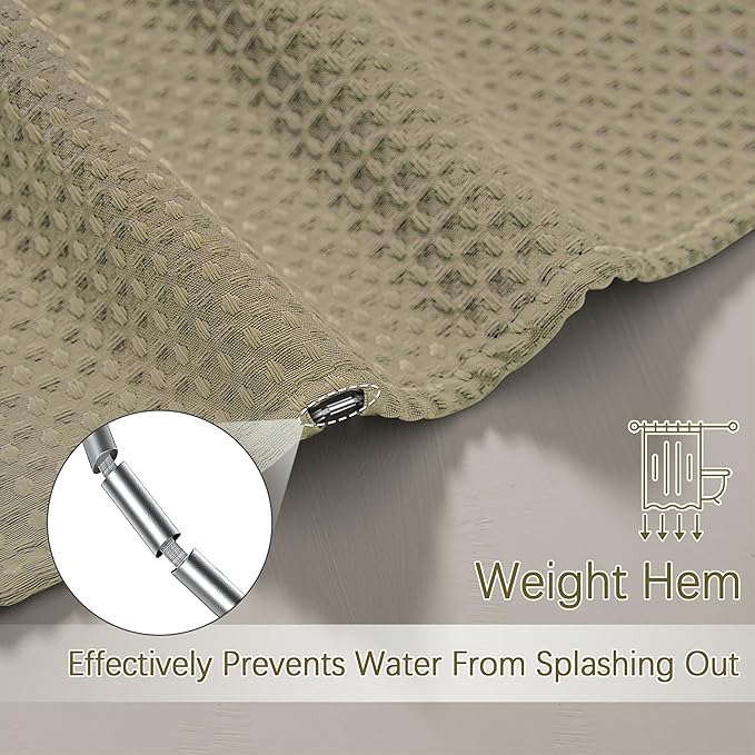 Shower Curtain Taupe Waffle Textured, 256GSM Heavy Duty Weighted Fabric Shower Curtains, Hotel Quality Luxury Polyester Water Repellent Bathroom Curtain with 12 Hooks, 72Wx78H