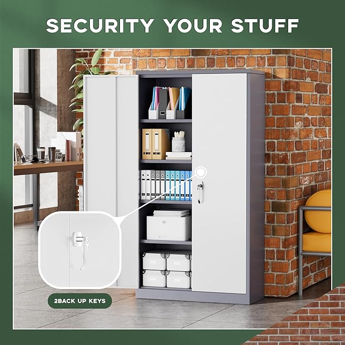 Greenvelly Metal Garage Storage Cabinet, 72”Locking Steel Storage Cabinet with 2 Doors and 4 Adjustable Shelves for Home Office,School,File(Gray White)