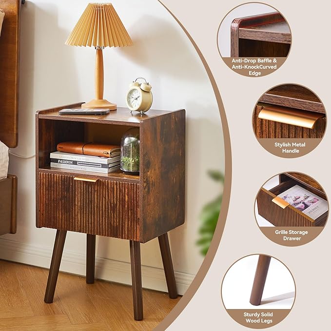 Night Stand with Drawer, Modern Nightstand, Bedside Tables, Mid Century Nightstands with Open Storage Shelf,Small Night Stands, 2-Tier Night Table,Rustic Brown YD-TM061H