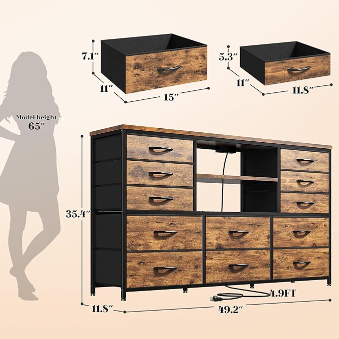 Dresser with LED Lights & Power Outlets, 12 Drawers Dresser TV Stand for 60''TV for Bedroom Fabric Dressers & Chest of Drawers, Sturdy Metal Frame for Closet, Living Room,Hallway, Rustic Brown