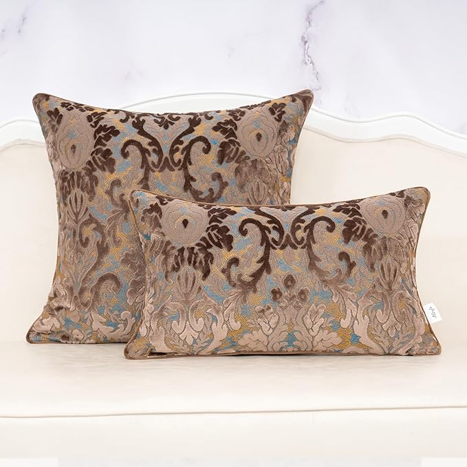 Alerfa Boho Brown Floral Throw Pillow Cover 20x20 Inch Cut Velvet Sqaure Luxury Embroidered Decorative Pillow Cover for Couch Living Room Bedroom