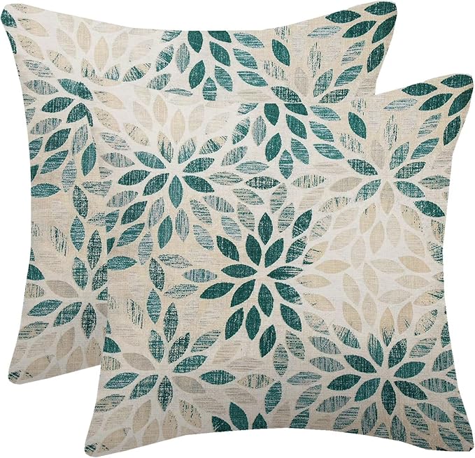 Dark Teal Dahlia Pillow Covers 20x20 Inch Set of 2 Summer Geometric Rust Flower Outdoor Decorative Throw Pillows Farmhouse Turquoise Pillow Case Linen Square Cushion Cover for Home Sofa Bedroom