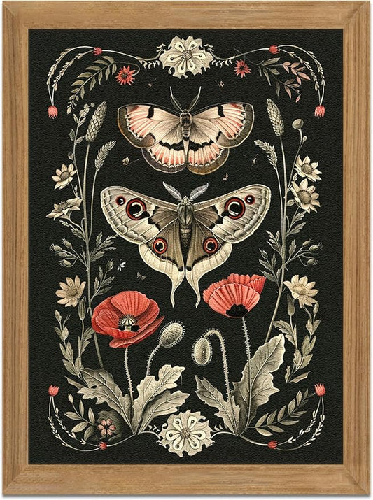 AKWISH Vintage Framed Wall Art - 3D Textured Classical Style Moth Pictures Wall Decor - Hand Drawn Flowers Nature Art Painting for Living Room Bedroom Home Decor 12x16in
