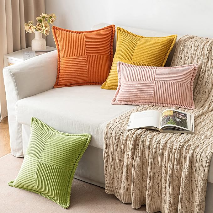MIULEE Decorative Lumbar Throw Pillow Covers for Couch Bed Livingroom 12x20 Inch Set of 2 Green Boho Accent Throw Pllows Broadside Striped Patchwork Soft Corduroy Summer Pillowcases