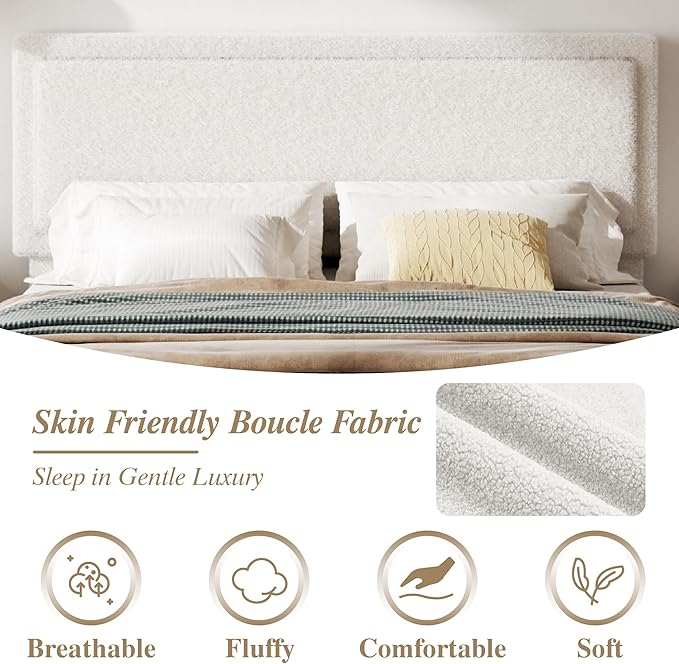 Queen Bed Frame with Adjustable Headboard, Boucle Cloud Platform Bed with Wood Slats, Mattress Foundation, No Box Spring Needed, Easy Assembly, Beige