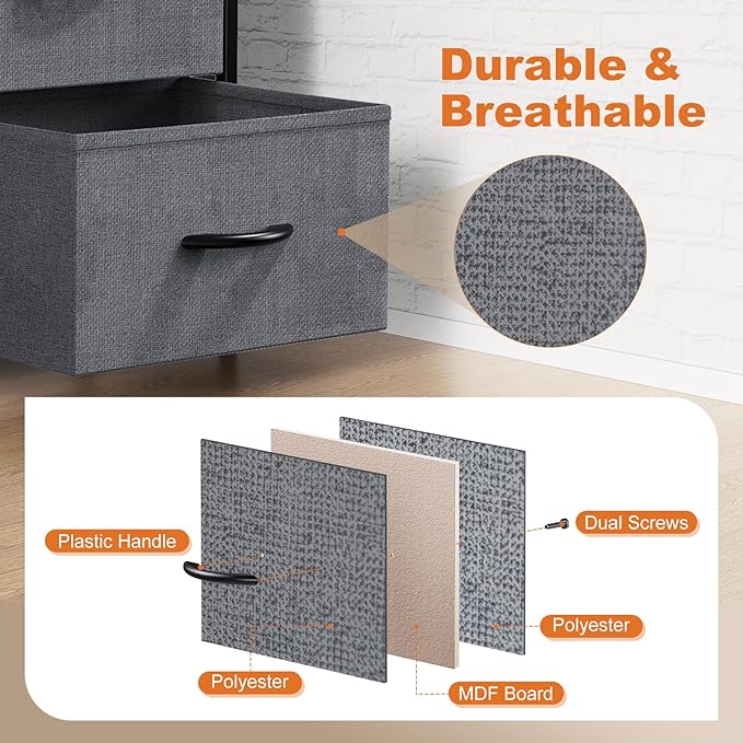 Sweetcrispy 6 Drawer Dresser for Bedroom, Fabric Chest of Drawers Dressers, Storage Tower Unit with Fabric Bins, Bedroom Dresser for Closet, Living Room, Hallway, Wood Top, Steel Frame, Grey